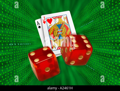 Cards and dice flying through a binary green vortex representing online Internet gambling Stock Photo
