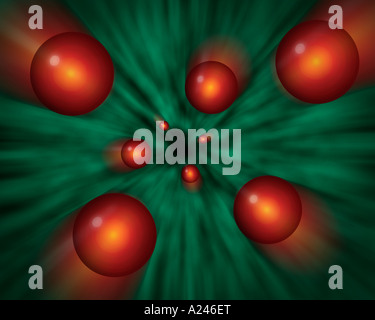 Red balls traveling through a cyan green vortex Works as a horizontal or vertical Stock Photo
