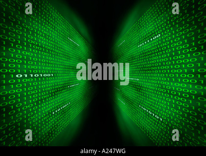 Two walls of binary ones and zeros diminishing into a common vanishing point Stock Photo
