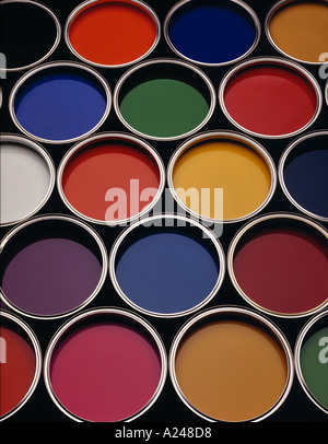 CANS OF COLOURED PAINT Stock Photo