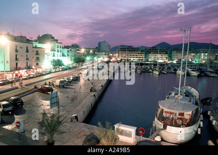 Ibiza Spain, Nighttime High Angle, View of Port Area Landscape Mooring Boats Stock Photo