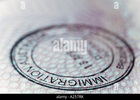 Immigration stamp in a British passport Stock Photo