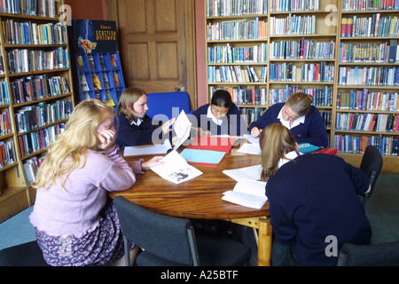O level students working in the library with teacher supervising Stock Photo