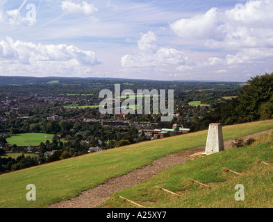 TRIANGULATION POINT on BOX HILL in North Downs with Dorking town in Mole valley below.  Dorking Surrey England UK Britain Stock Photo