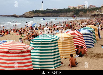 Colourful Bathing Tents on Grande Plage Biarritz Aquitaine Golfe de Gascogne Bay of Biscay Southwest France Europe Stock Photo