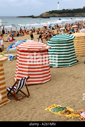 Colourful Bathing Tents on Grande Plage Biarritz Aquitaine Golfe de Gascogne Bay of Biscay Southwest France Europe Stock Photo