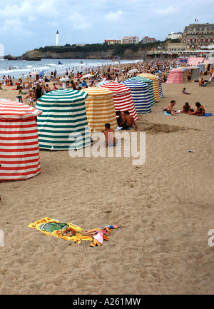 Colourful Bathing Tents on Grande Plage Biarritz Aquitaine Golfe de Gascogne Bay of Biscay Southwest France Europe Stock Photo