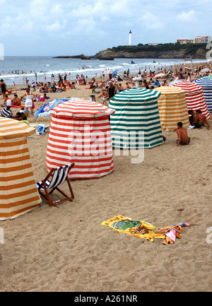 Colourful Bathing Tents on Grande Plage Biarritz Aquitaine Golfe de Gascogne Bay of Biscay Southwest France Europe Stock Photo