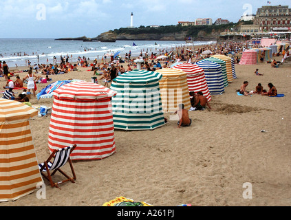 Colourful Bathing Tents on Grande Plage Biarritz Aquitaine Golfe de Gascogne Bay of Biscay Southwest France Europe Stock Photo