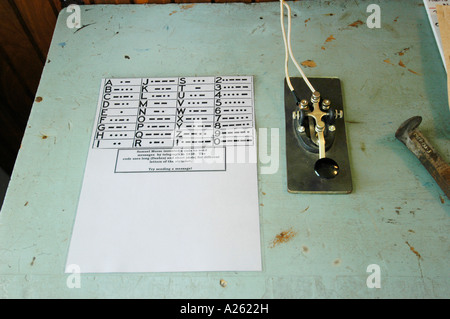 Telegraph with a sheet of paper showing the Morse code alphabet Stock Photo