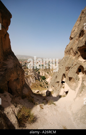 Old troglodytic cave dwellings cut into the rock Castle, Uchisar, Cappadocia, Anatolia, Turkey, Asia Stock Photo