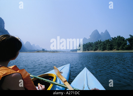 Kayaking on Li River Stock Photo