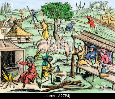 Medieval country life. Hand-colored woodcut Stock Photo