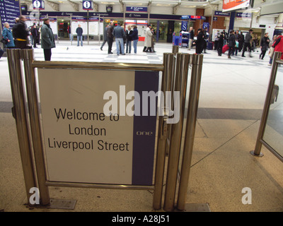 Welcome to London Liverpool Street station sign in concourse Stock Photo