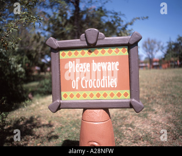 Crocodile Sign, Zambesi Sun Hotel, Victoria Falls (Mosi-oa-Tunya), Livingstone, Southern Province, Zambia Stock Photo