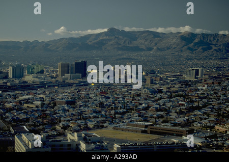 Wide view of border city of El Paso Texas The Mexican city of Ciudad Juarez is visible beyond El Paso downtown high rises Stock Photo