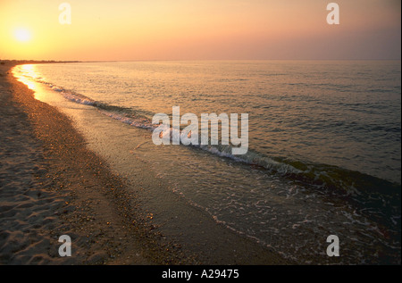 Beach Shoreline in early morning or late afternoon golden light Peaceful and inviting Stock Photo