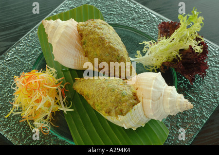 Baked stuffed conch with goose liver and fresh fungus Stock Photo