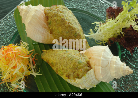 Baked stuffed conch with goose liver and fresh fungus Stock Photo