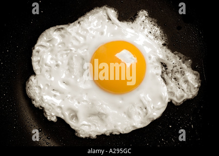 Fried Egg in a Non Stick Frying Pan, Close Up. Stock Photo
