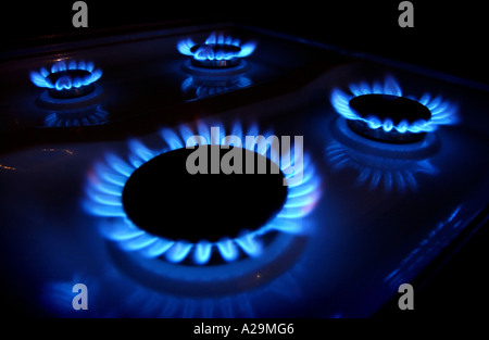 A gas hob on a cooker with four rings burning a blue gas colour Stock Photo