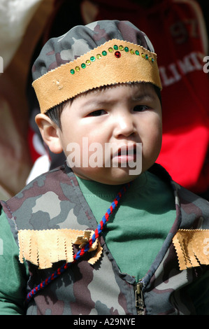 Native cree Baby in traditional costume next to james bay Quebec canada ...