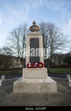 1st World War Memorial (names inscribed on brass plaque, poppy wreaths laid on Remembrance Day) - Memorial Gardens Ilkley, West Yorkshire, England UK. Stock Photo