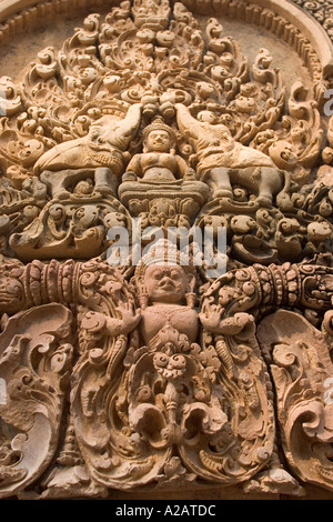 Cambodia Siem Reap Angkor Temples Banteay Srei Hindu Temple dedicated to Shiva Central citadel detail of ramayana lintel Stock Photo