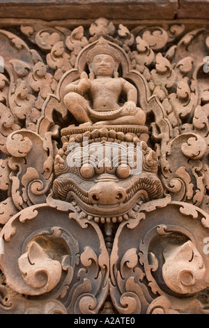 Cambodia Siem Reap Angkor Temples Banteay Srei Hindu Temple dedicated to Shiva Central citadel detail of stone carving Stock Photo