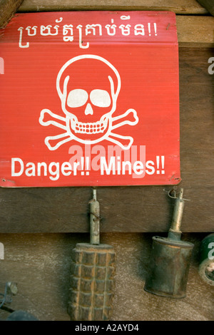 Cambodia Siem Reap Land Mine Museum land mine warning sign and defused grenades Stock Photo