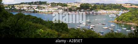 Panorama panoramic view across the River Fowey Estuary Cornwall England UK showing Fowey town from the Hall Walk in Regatta Week Stock Photo