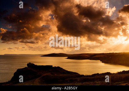 Sunset over the Fowey Estuary from Polruan looking to Gribbin Head, Cornwall, England, UK Stock Photo