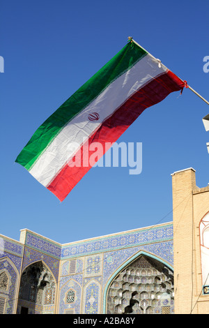 Iranian flag with the mosque of the Sheikh Lotf Allah Mosque in Isfahan, Iran Stock Photo