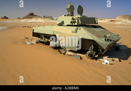 Destroyed tank in the libyan desert Stock Photo