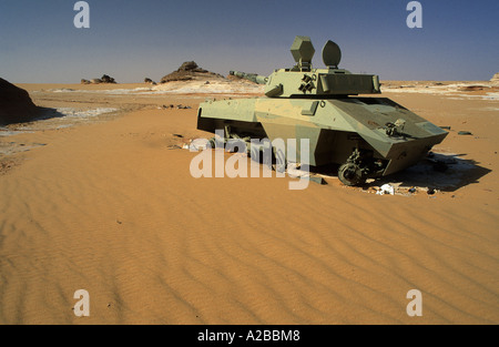 Destroyed tank in the libyan desert Stock Photo