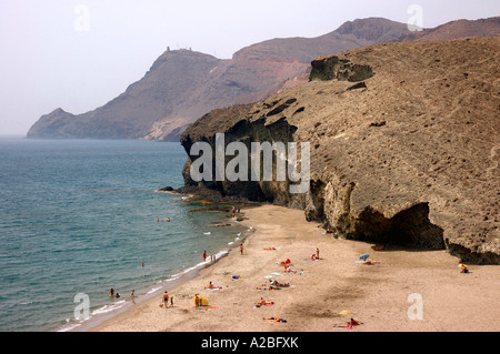 Panoramic view seafront & beach playa de Monsul Nijar San Saint St. José Andalucia Andalusia Andalucía España Spain Europe Stock Photo
