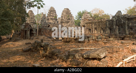 Cambodia Siem Reap Angkor Temples Angkor Thom group Ta Prohm Buddhist Temple built circa 1186 panoramic Stock Photo