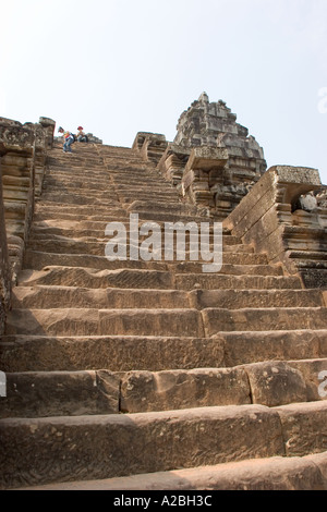 Cambodia Siem Reap Angkor Thom group Ta Keo unfinished temple built by Jayavarman V steep steps up to main sanctuary Stock Photo