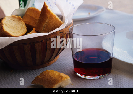 Bread and wine. Close up of a dining table in a Spanish restaurant. Bread basket and red wine Stock Photo