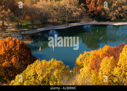 Central Park The Boat Pond Conservatory Water or Pond in the fall. Aerial view of boat basin and toy sailboats. Autumn foliage. New York City, USA Stock Photo