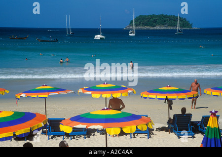 sunshades at Kata Beach on the island Ko Phuket in Thailand Stock Photo