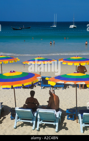 sunshades at Kata Beach on the island Ko Phuket in Thailand Stock Photo