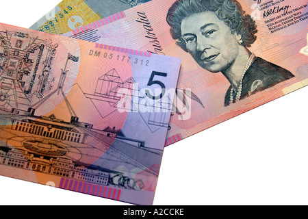 Australian 5 dollar notes against a white background. Stock Photo