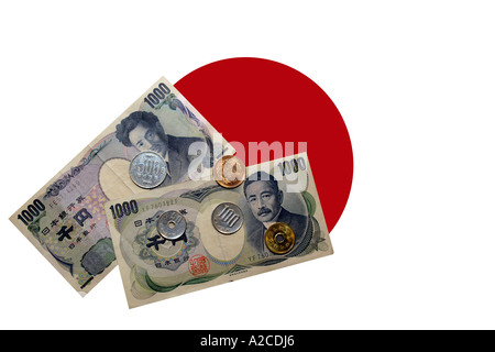 Japanese 1000 Yen notes and coins against a flag background. Stock Photo