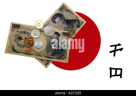 Japanese 1000 Yen notes and coins against a flag background. Stock Photo