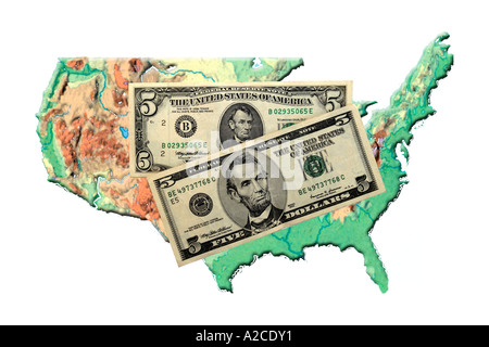 The Outline of the USA with two styles of Five Dollar bills Stock Photo