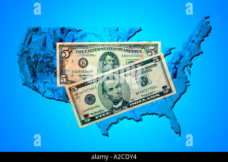 The Outline of the USA with two styles of Five Dollar bills Stock Photo