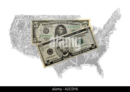 The Outline of the USA with two styles of Five Dollar bill Stock Photo