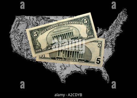 The Outline of the USA with two styles of Five Dollar bills Stock Photo