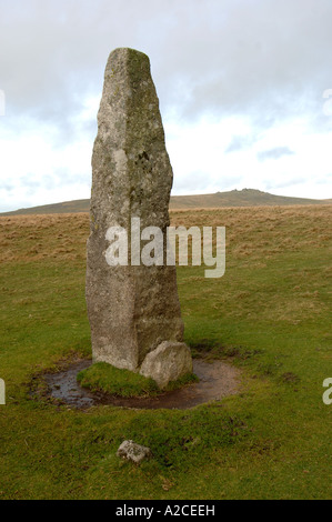 Perhistoric Bronze Age Standing Stone Relic at Merrivale, Dartmoor National Park Devon.  XPL 4319-407 Stock Photo